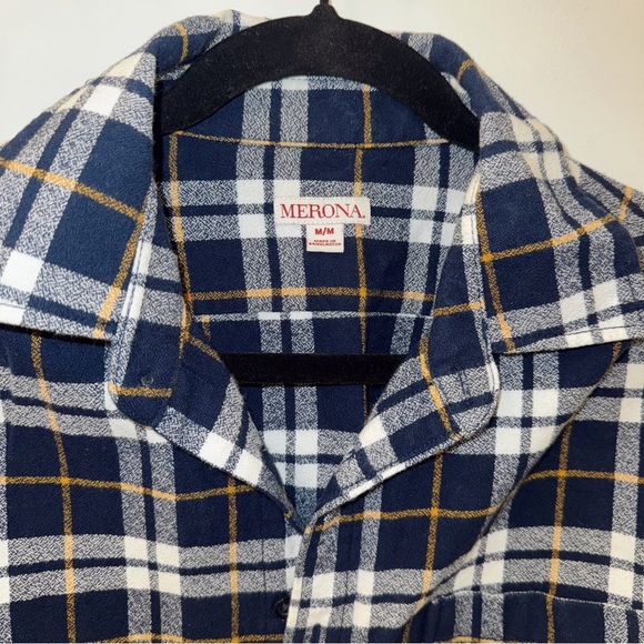 Merona Navy Blue Plaid Flannel Shirt With Pocket Men's Medium 100% Cotton - Picture 4 of 5